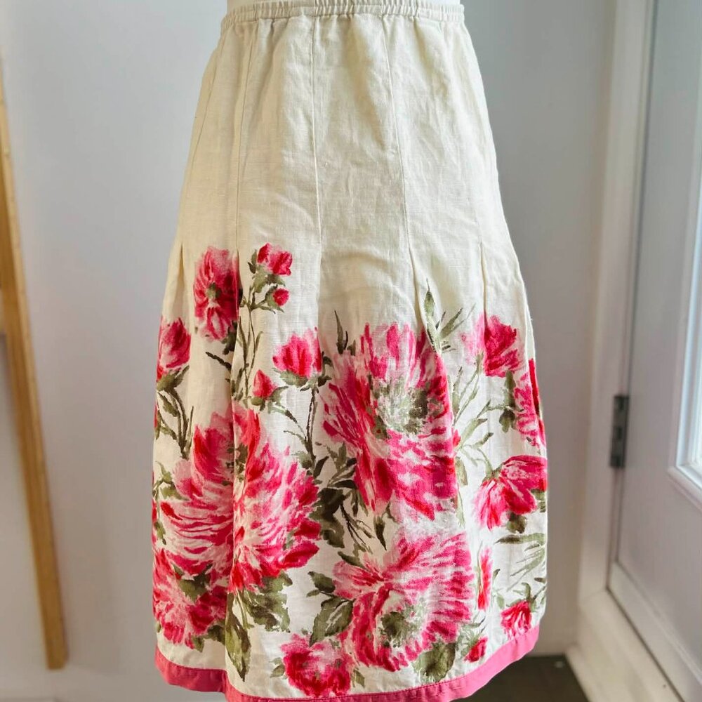 J. Jill Cream Pure Linen Floral Print Midi Skirt with Pink Hem Trim – US SP